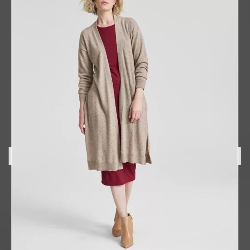 Charter Club Tie-Waist Longline 100% Cashmere Cardigan in Pearl Taupe Heather S - Picture 3 of 9